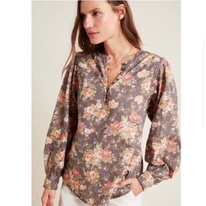 Anthropologie Michaela Peasant Blouse gray floral bohemian cottagecore - XS